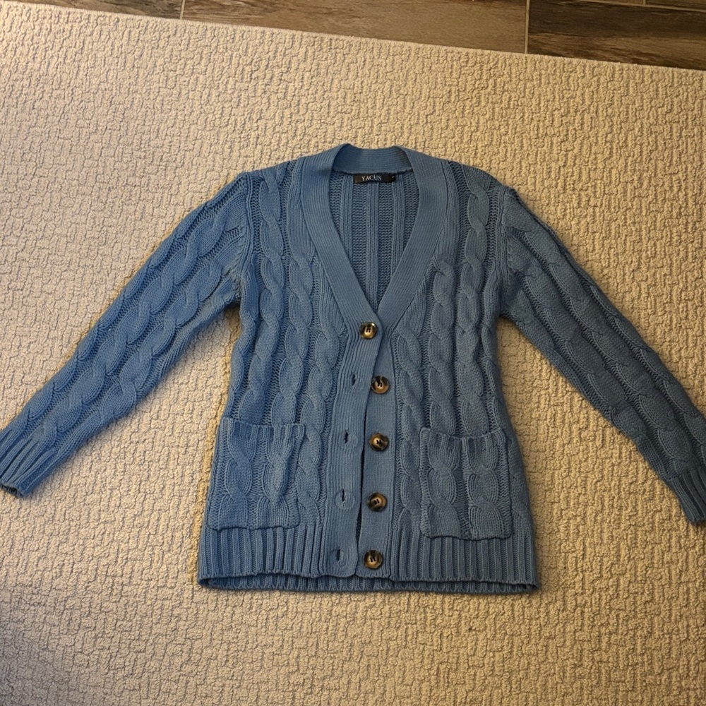 Yacun Blue Cable Knit Cardigan brown buttons
